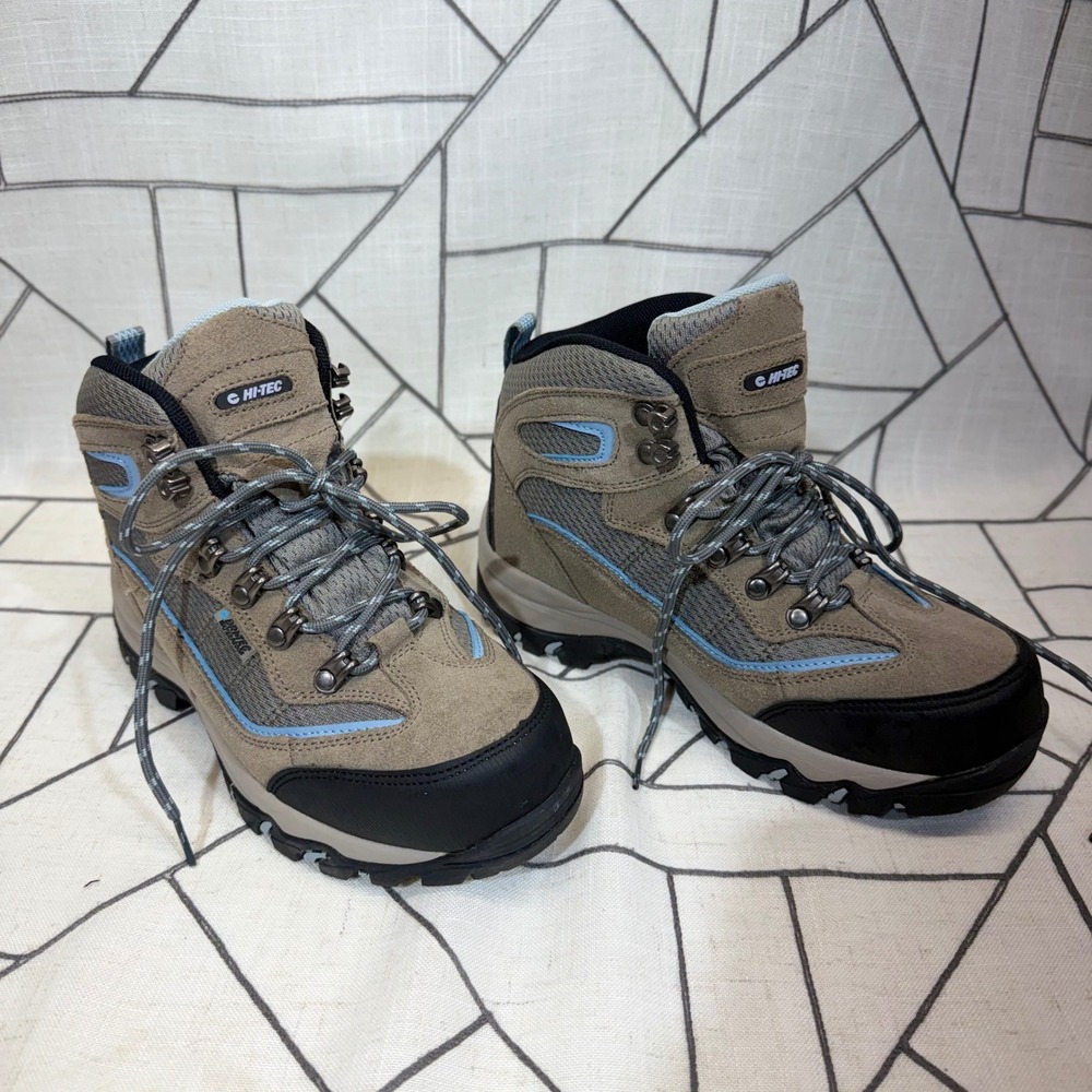 Hi-Tec Hiking Boots 6.5M Taupe Grey Blue Leather Suede Mid Top Trail Shoes 9537